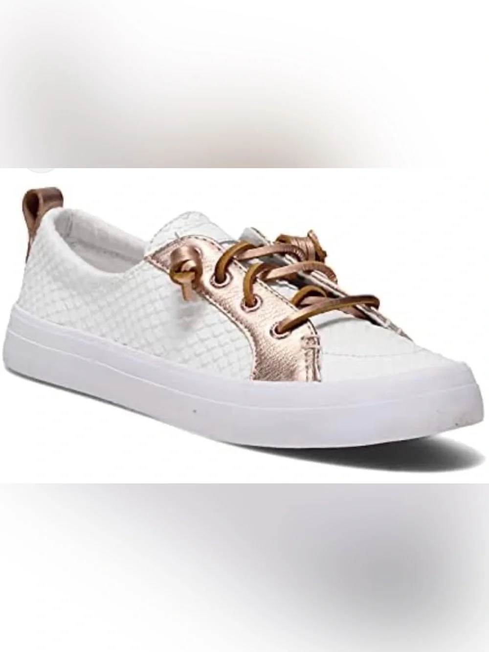 Sperry White Woven Low-Top Sneaker with Metallic Rose Accents
